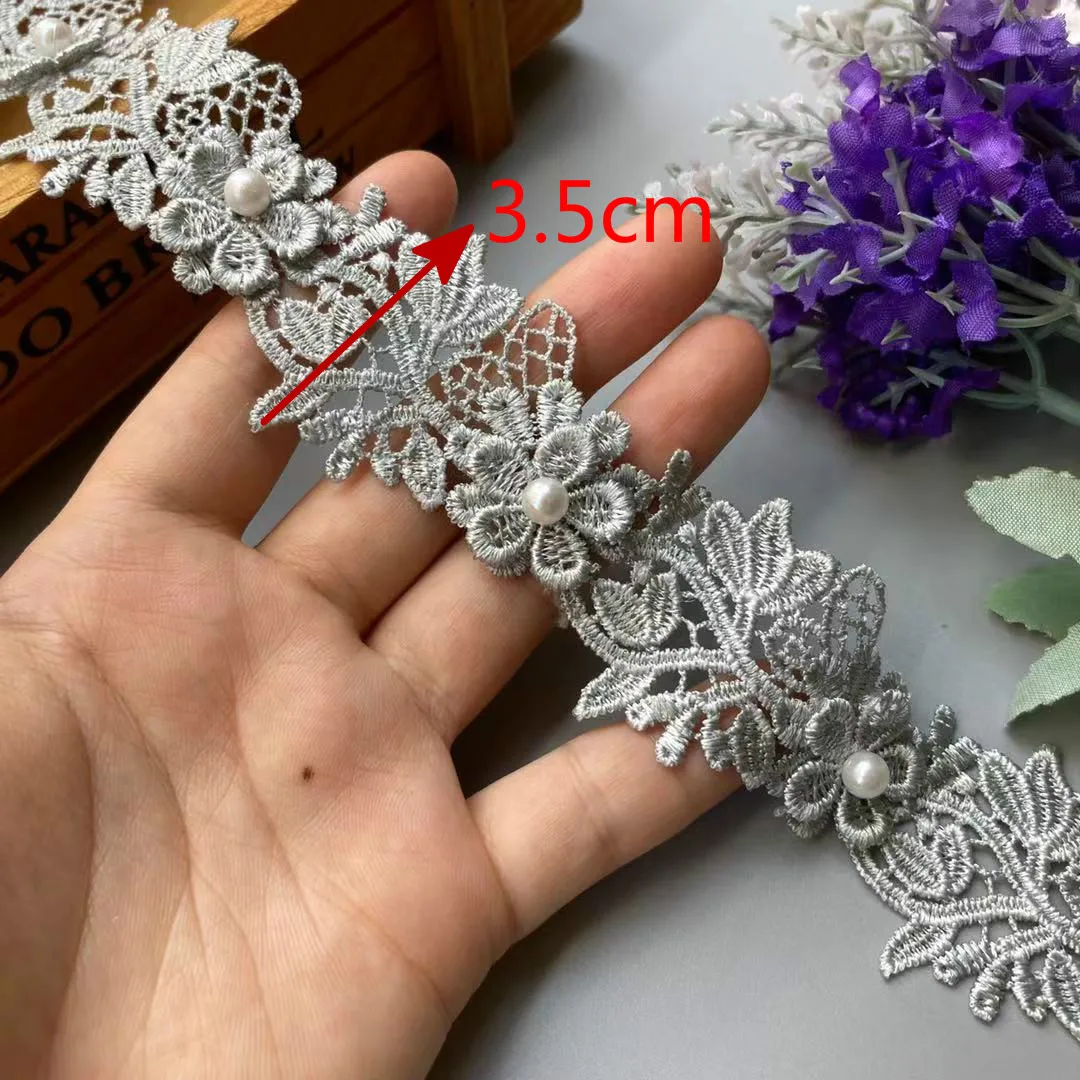 

2 Yard Grey Pearl Flower Embroidered Soluble Polyester Fabric Lace Trim Ribbon Handmade Sewing Craft For Costume Hat Decoration