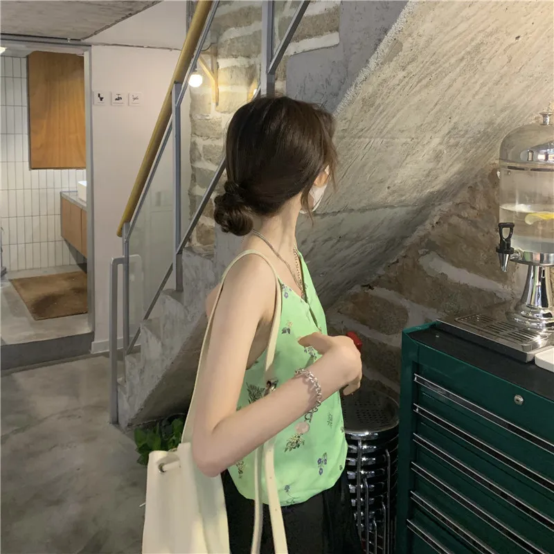 

2021 summer new crop tops sexy spaghetti strap tanke top off shoulder floral camis for women sleeveless omighty slim fit cami