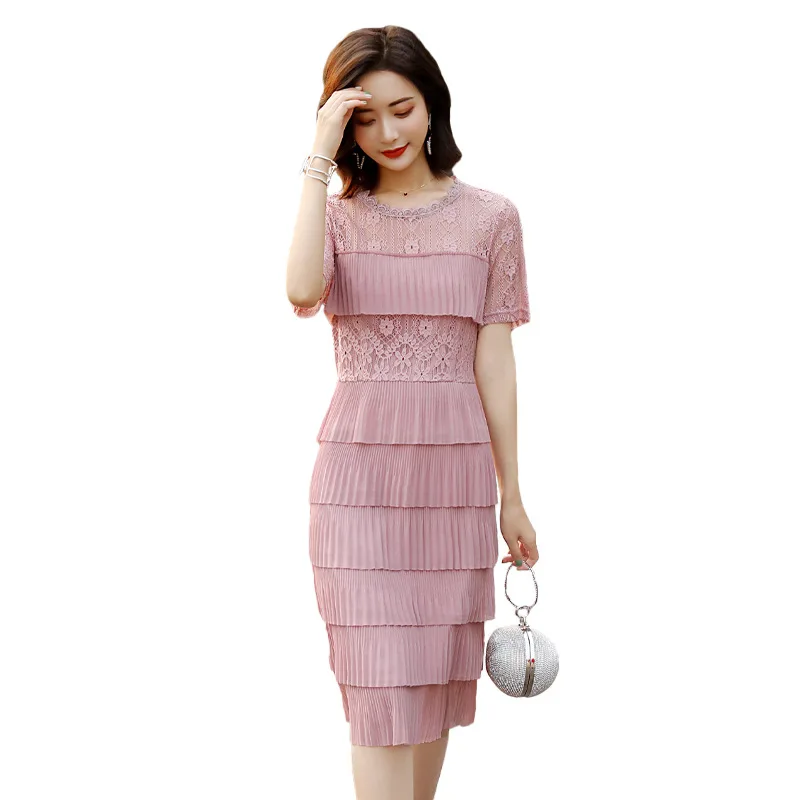 Pure Color Temperament Elegant Round Collar Dress Female 2021New Summer Hollow Waist To Show Thin In The Long Short Sleeve Skirt