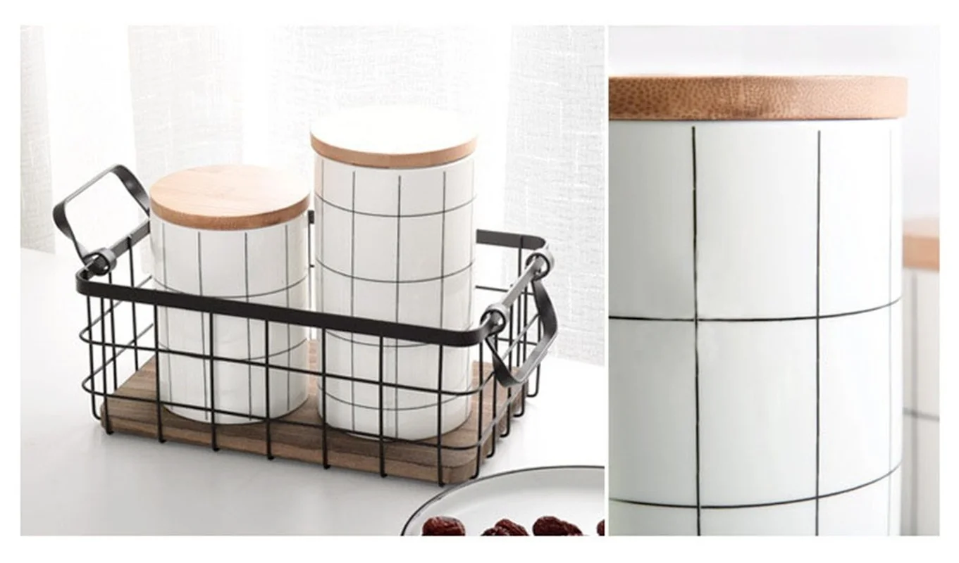 

Wooden Lid Sealed Jars Coffee Tea Sugar Storage Box White Ceramic Container Kitchen Cereal Organizer Jars 400ml 700ml 950ml