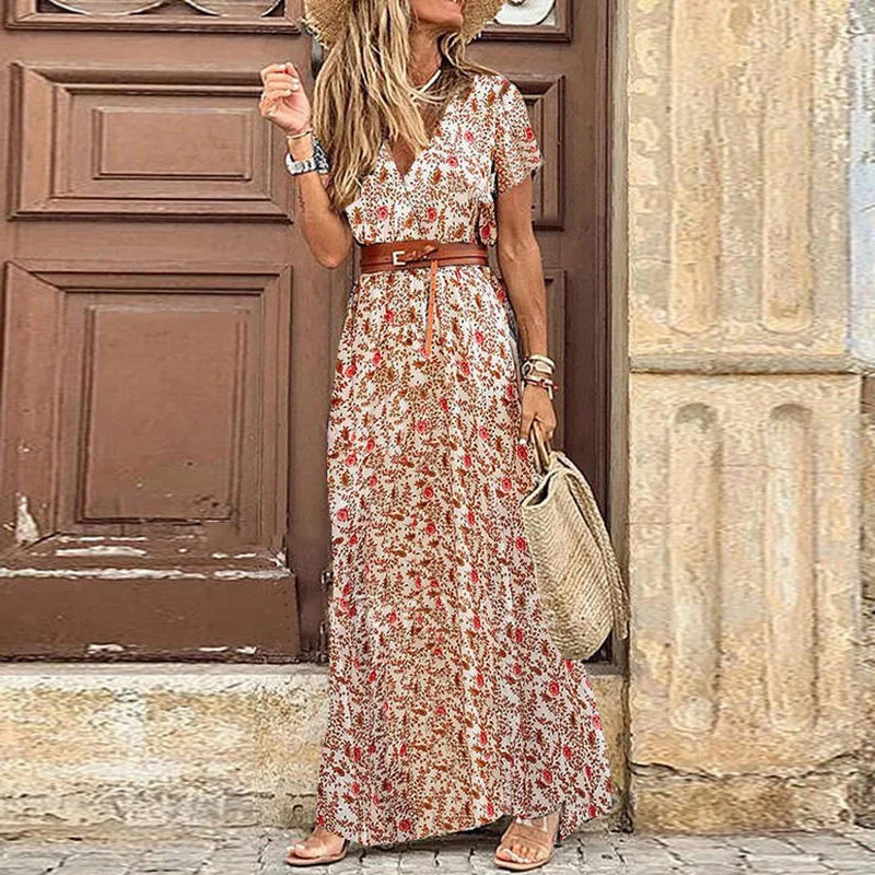 

Deep V Neck Summer Women Dress Vintage A Line Empire Maxi Dresses For Women Bohemia Print Sashes Short Sleeve Boho Vestido