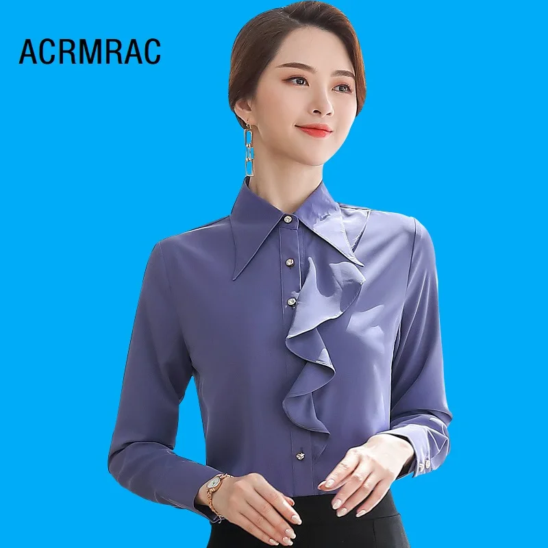 Women shirt Slim autumn Long sleeve Solid color OL Formal Blouses & Shirts Woman Q6152
