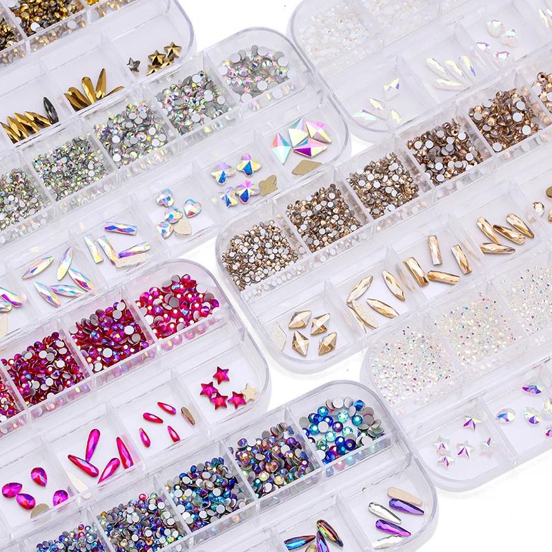 

12 Grids Nail AB Rhinestones Box Crystal Drop Drill Mixed Size Nail Parts Stone 3D Strass Gems Nails Art Decoration Accessories