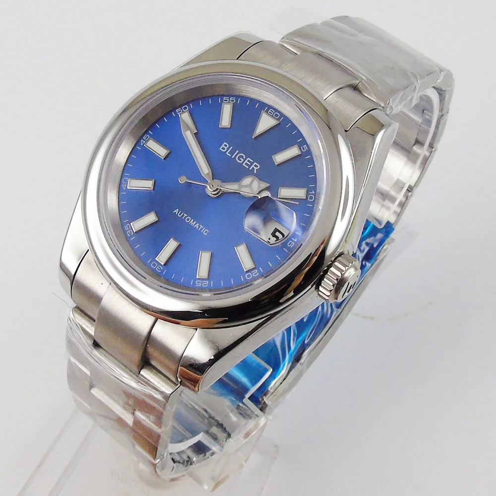 36mm Bliger Brand Blue Dial Sapphire Glass Polished Case Automatic Movement Men s Watch Bracelet Luminous hands