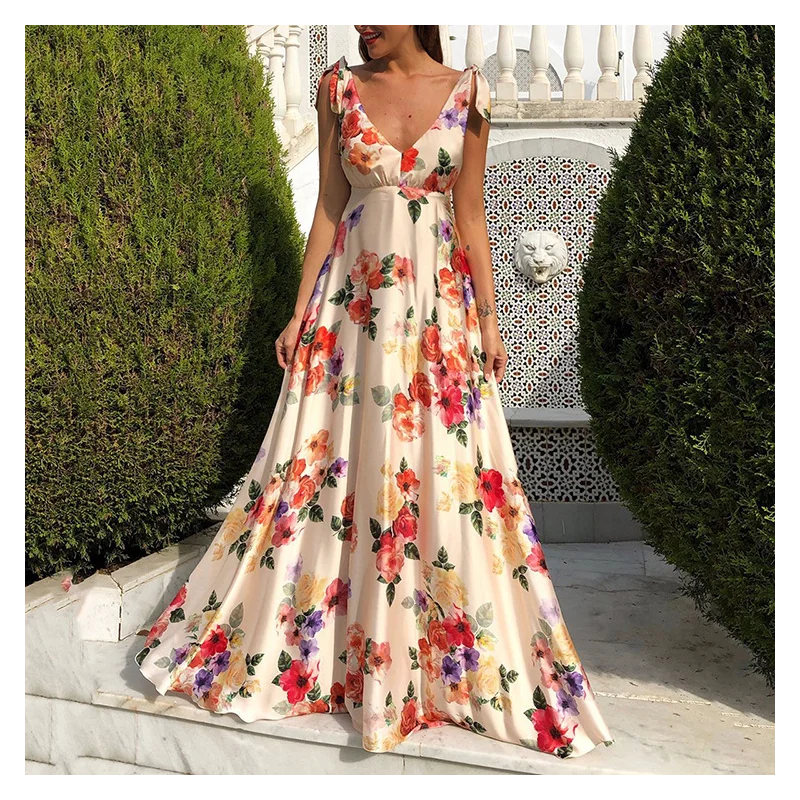 

Summer Fashion V-neck Lace Sexy Backless Floral Print Womens Dress Party Elegant Long Skirt Ladies Dress Large Plus Size