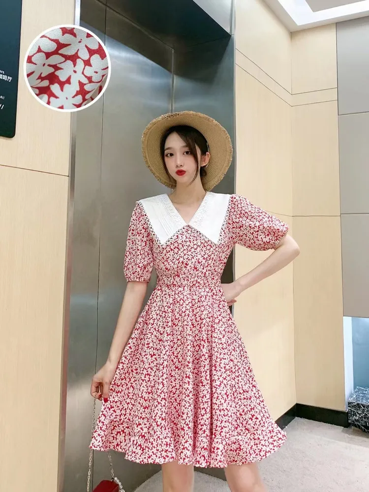 

2021 New Summer Women Short Sleeve Slim Mini Dress High Quality Sweet Lace Peter pan Collar Chiffon Floral Dress