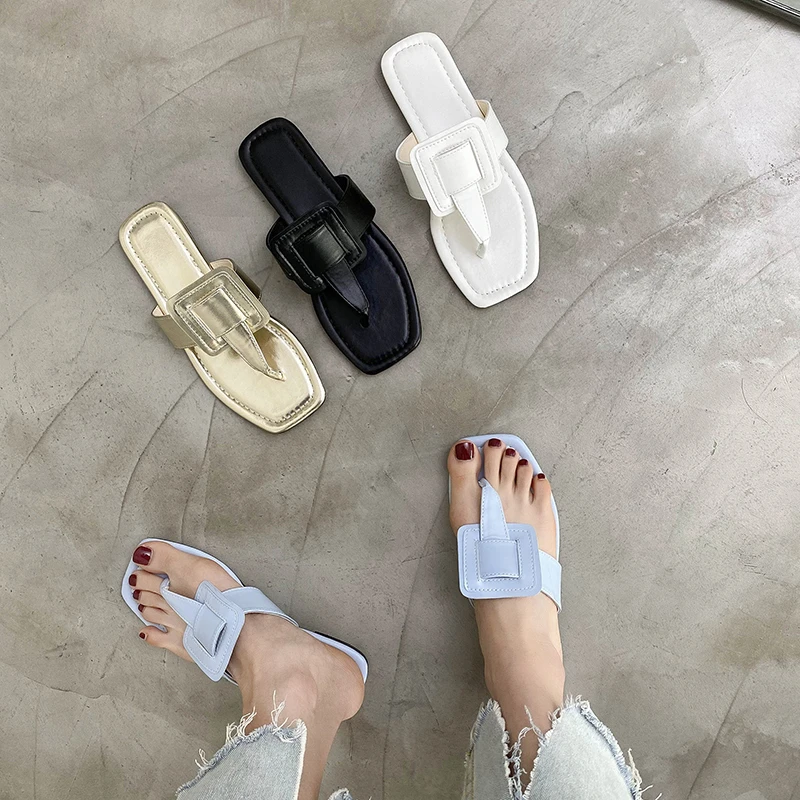 

Summer Women Elegant Outdoor Slippers Trend Design Solid Leather Strap Flip Flops Beach Casual Leisure Shoes Ladies Female 2021