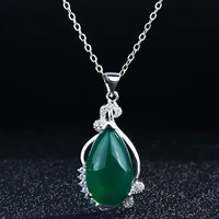 vintage emerald green chalcedony jade stone pendants necklace for women 925 silver color bowknot necklaces clavicular chain