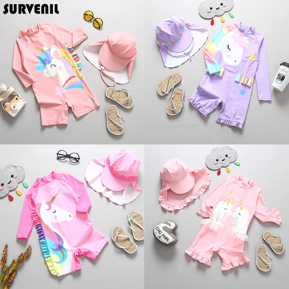 Children Swimsuit Unicorn Long Sleeves Sun Protection One Piece Bathing Suit Girl Child Swimming Toddler Girls Swimwear | Спорт и