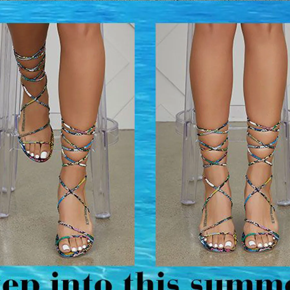 SARAIRIS Plus size 42 INS HOT 2020 flat shoelaces multi snake printed casual gladiator sandals summer shoes women | Обувь