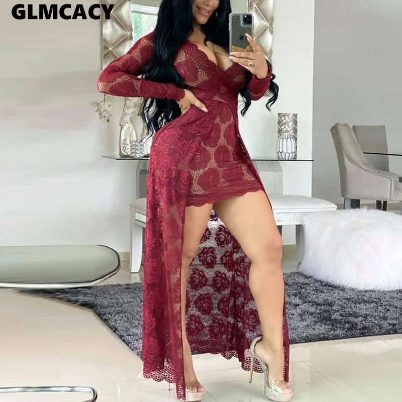 Для женщин кружева Прозрачная с длинным рукавом v образный вырез на шее платье