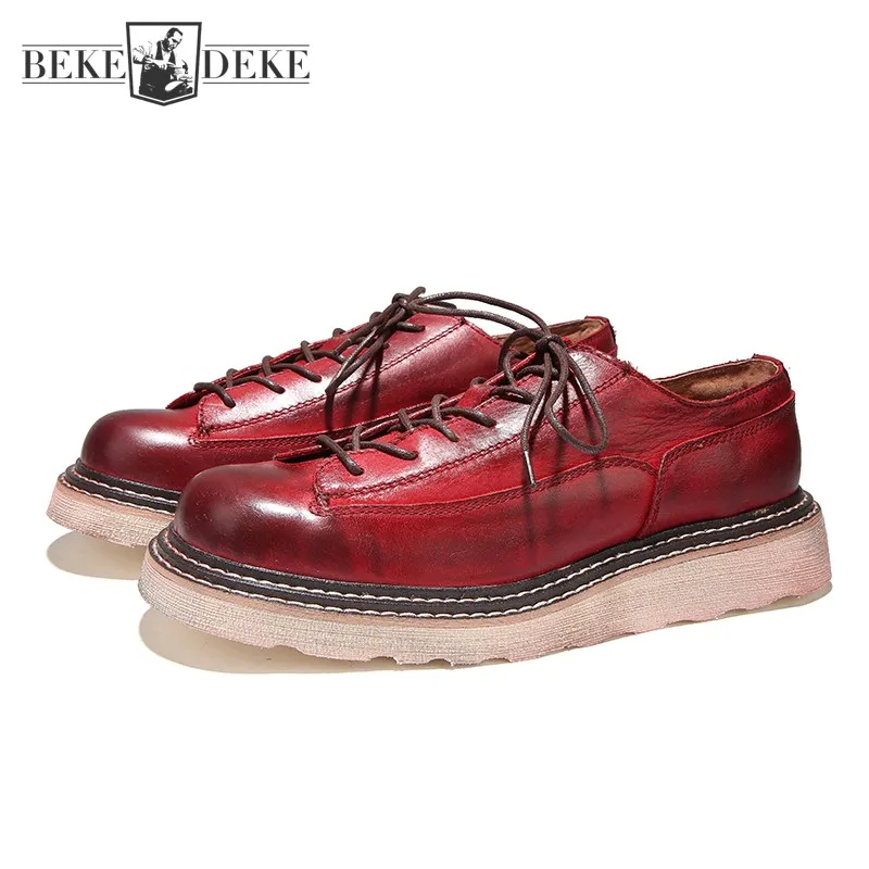 

Fashion Brand Men Autumn Business Round Toe Dress Shoes 100% Genuine Leather Shoes England Style Vintage Lace Up Platform Shoes