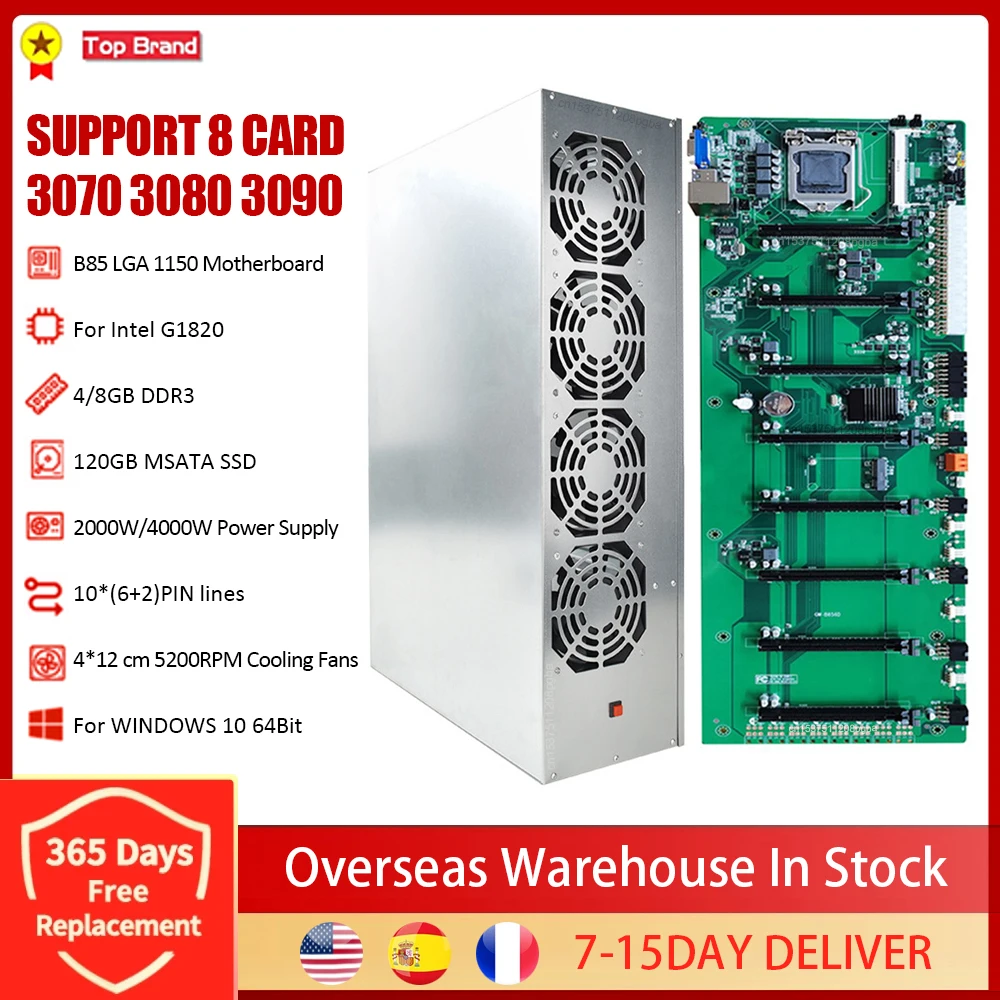 

BTC-B85 mining Motherboard 8 GPU Slots PCIE 4.0 3.0 Kit LGA 1150 DDR3 4/8GB MSATA 120GB 2000W 4000W Power Supply 5200 RPM Fans