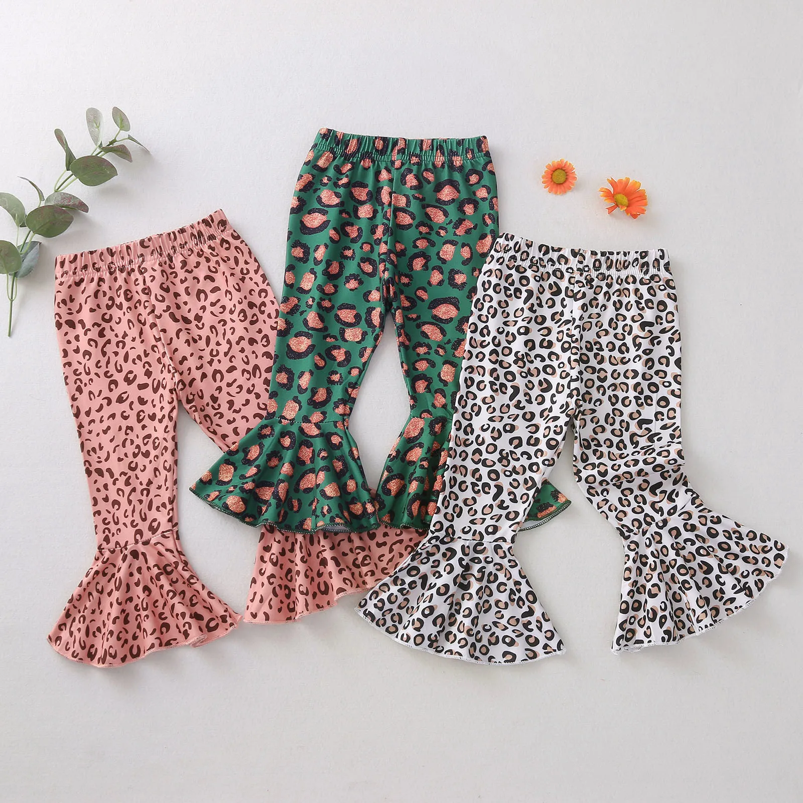 

6m-24m Baby Girls Flare Pants Wide-Leg Trousers Leopard Printed Fall Spring Party Casual Elastic Waist Ruffle Bell Bottoms