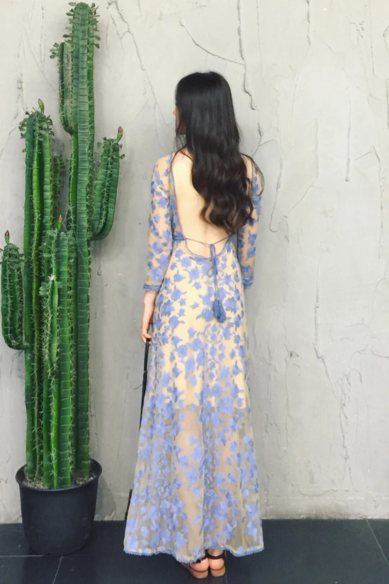 Женское кружевное платье миди с длинным рукавом синее прозрачное Клубное