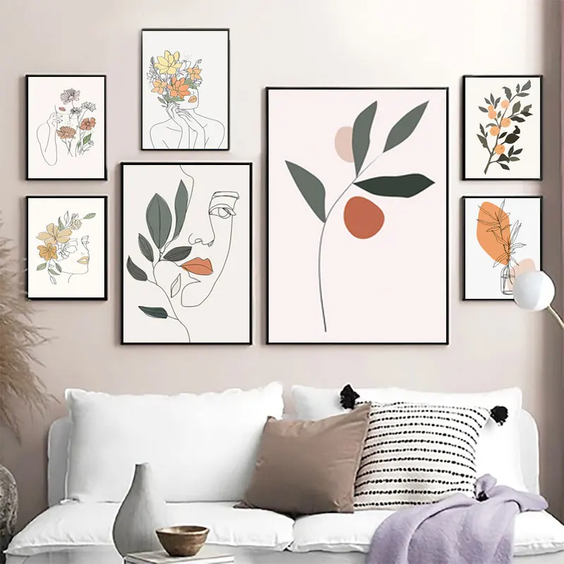 

Abstract Flower Woman Face Line Orange Wall Art Canvas Painting Nordic Posters Prints Wall Pictures for Living Room Home Decor