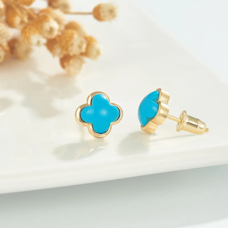 

Delicated Women Lucky Clover Turquoise Silver Stud Earrings Female Color Gemstone Fine Jewelry Casual /Gift OPE038