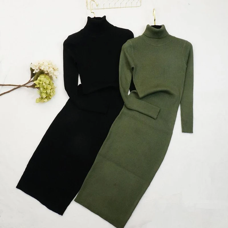 Женское вязаное платье с высоким воротником облегающее свитер длинным рукавом