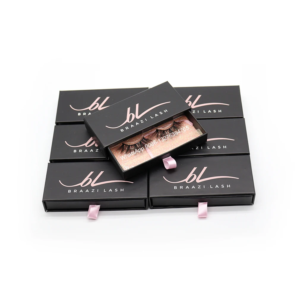 

Black Rectangular Drawer Eyelash Box Fluffy Mink Eyelashes Wholesale Lashes with Case Custom Lashbox Packaging With Logo