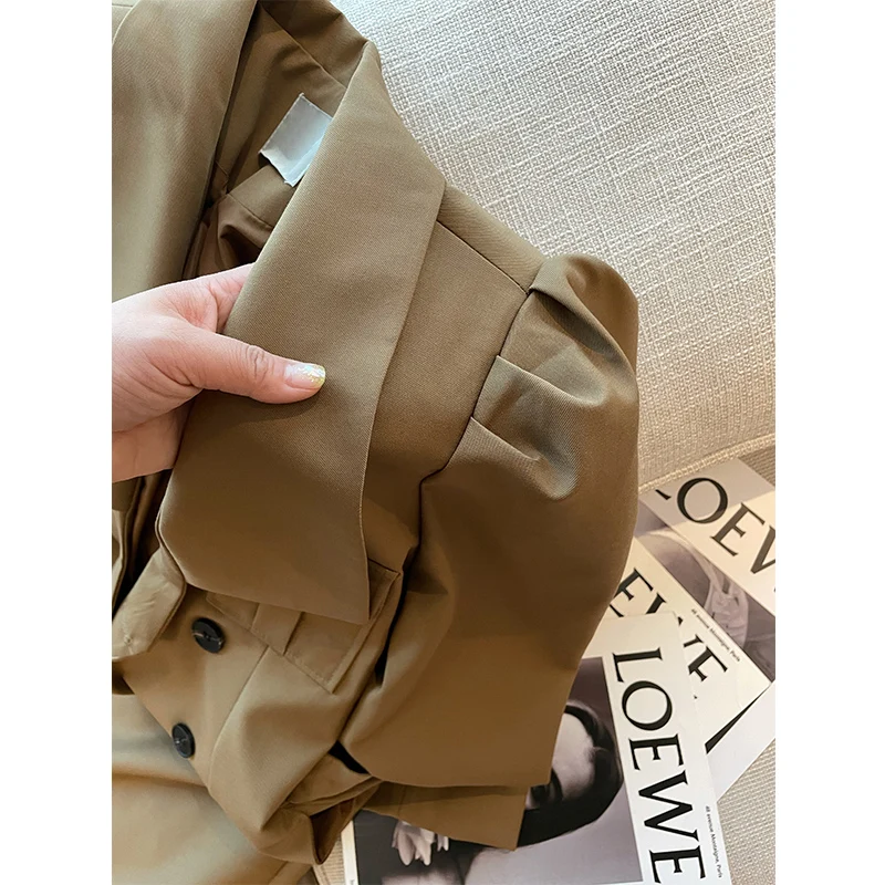 

Lapel windbreaker style black suit dress coat women's medium length loose waist thin coat