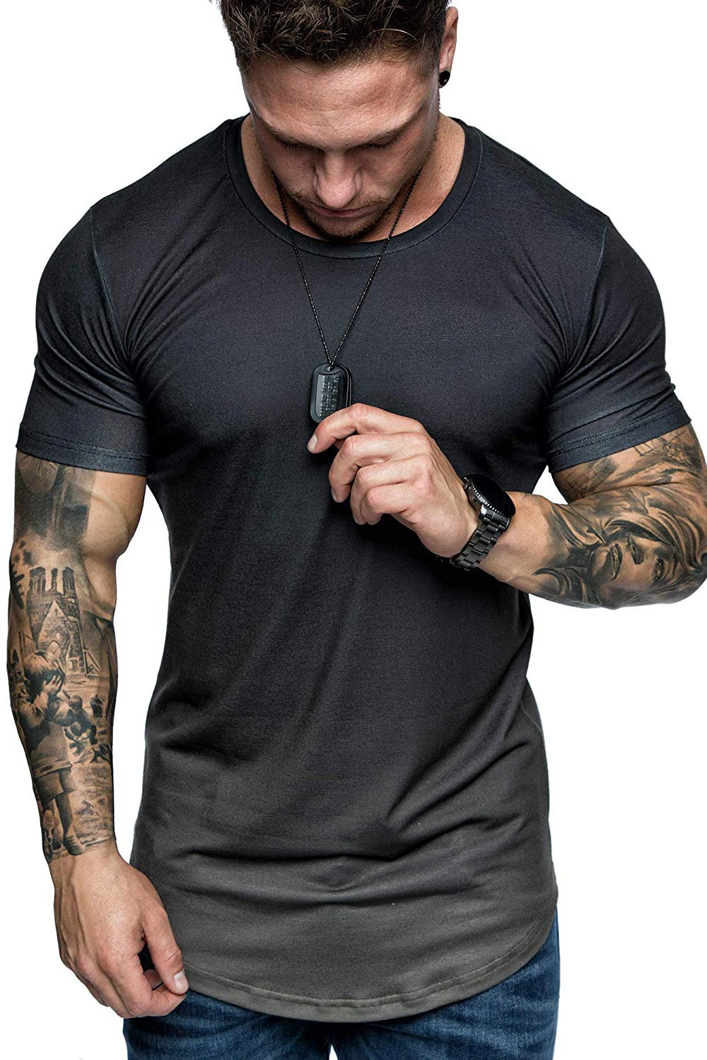 SSYUNO Men Hipster Hip Hop Elong Longline Crewneck T-Shirt Muscle Cotton Casual Tops Slim Fit Blouse Shirts 
