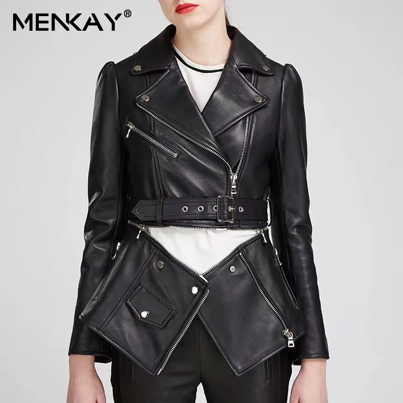 [MENKAY] Съемный нижний край тонкий мотоциклетная куртка из искусственной кожи