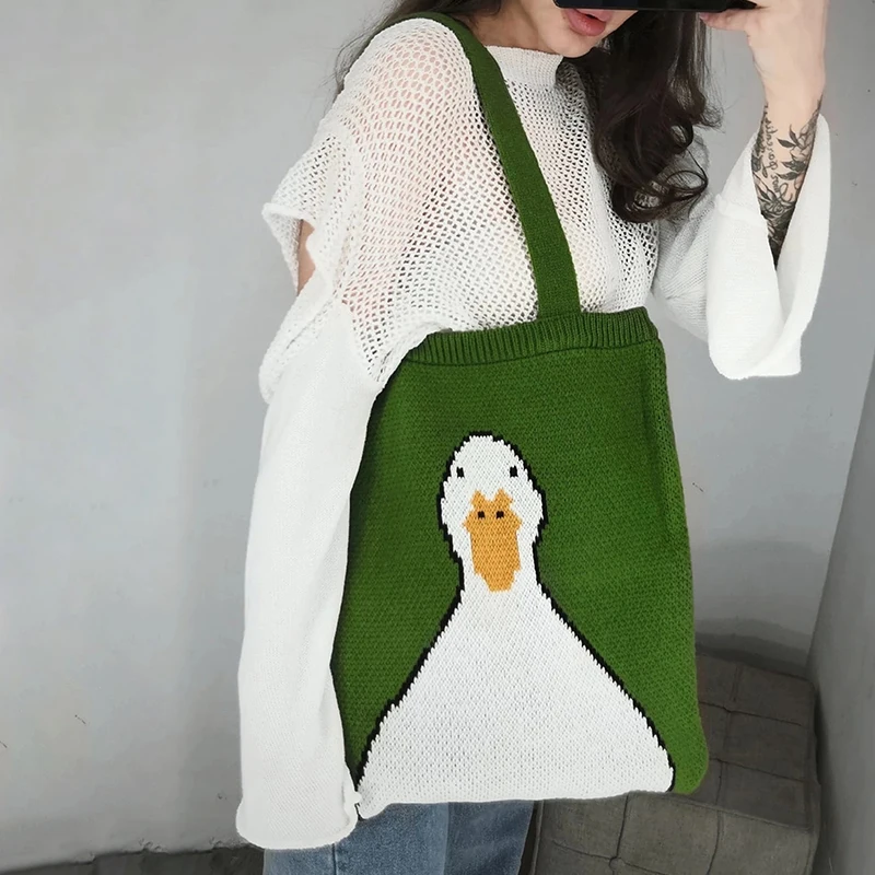 

Cute Cartoon Duck Top-handle Tote Bag Teenager Women Funny Winter Vintage Retro Rural Knitting Kawaii Stylish Green Handbag
