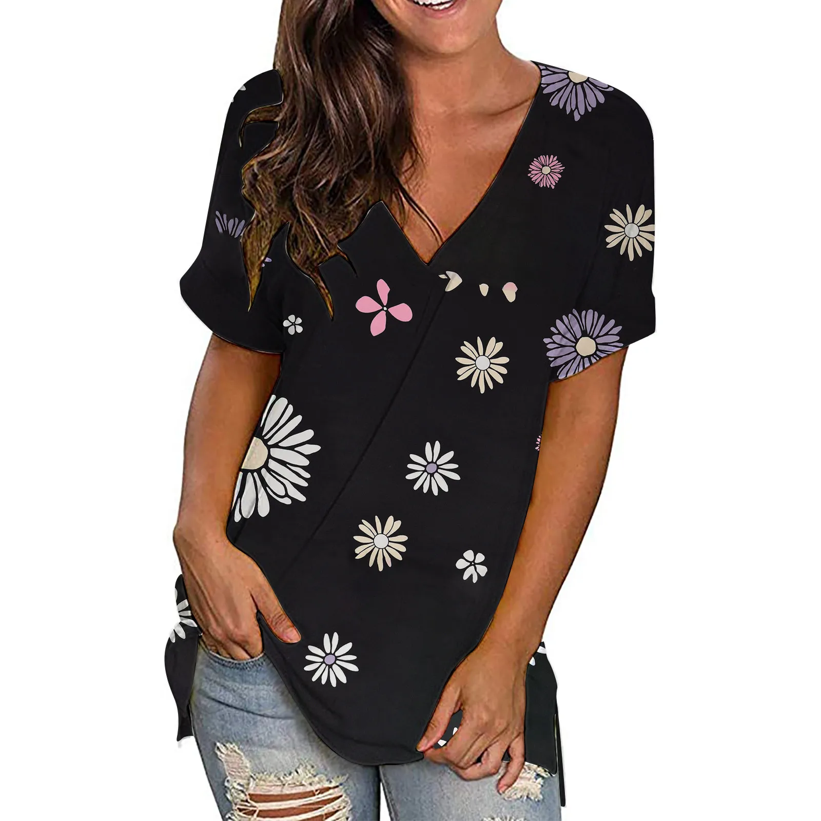 

40# Summer Short Sleeve Blouse For Womens V-neck Floral Printed Tunic Tops Buttons Short Sleeve Blouse For Women Koszula Damska