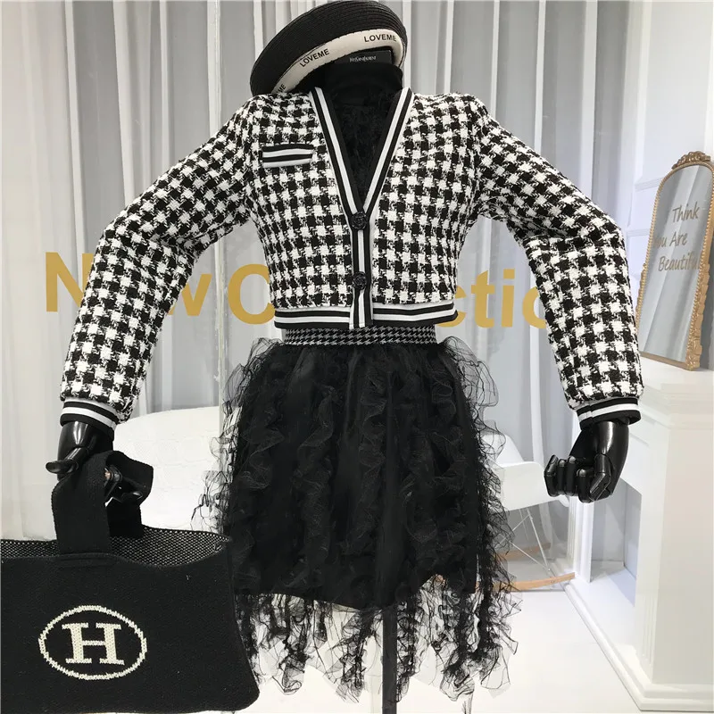 ALPHALMODA зимняя клетчатая одежда+ плиссированная кружевная юбка женский модный костюм из 2 предметов короткий твидовый пиджак с v-образным вырезом юбка шикарный комплект из 2 предметов