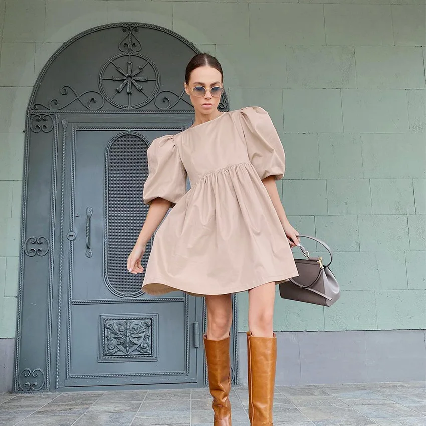 

Sexy Summer Short Dress 2021 Green Vintage Puff Sleeve Women Dress Elegant High Waist A-Line Dresses O Neck Mujer Vestido