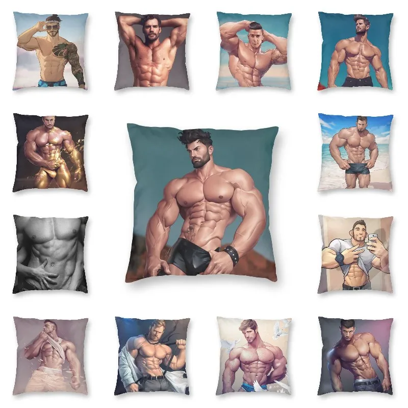 

Tempting Gym Muscle Man Sexy Hunk Cushion Cover Gay Pride Body Art Throw Pillow Case for Car Cool Pillowcase Home Decorative