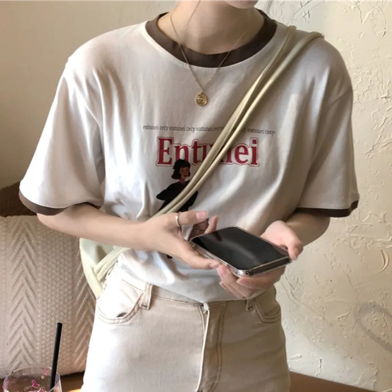 

Summer Cotton Printing Short Sleeve Soft O Neck T Shirt For Women Patchwork Vintage Casual Tops Female White Gray Retro Tee