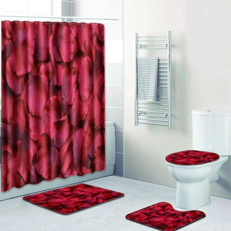 

Red Rose Petal Waterproof Shower Curtain Bathroom 4pc 180x180 Bath Curtains Closestool Mat Valentine's Day Decorations For Home