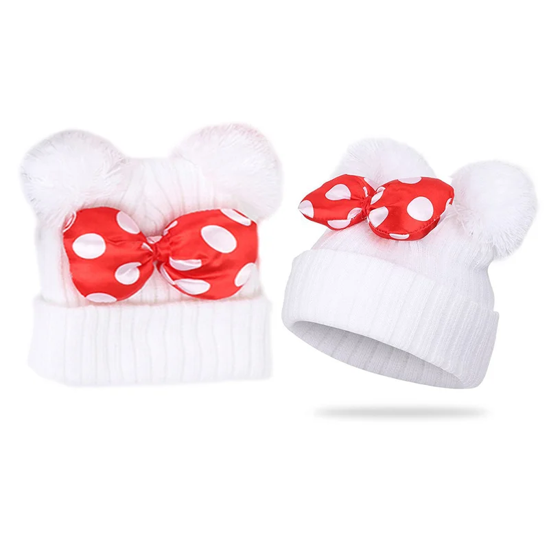 

Winter Warm Girl Cute Polka Dot Cartoon Big Bow Elastic Baby Hat Children Knitted Cotton Beans Autumn Double Pompom Cap