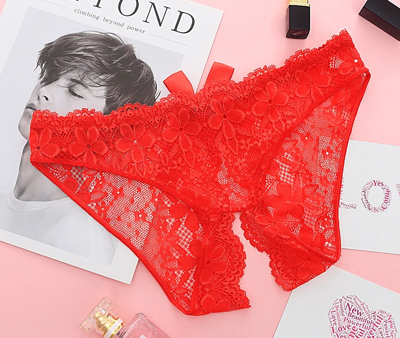 Sexy Lace Hollow Panties Tempting Women Briefs Opening Crotch Low Waist Female Underwear Transparent Sexy Cute Bow Panty