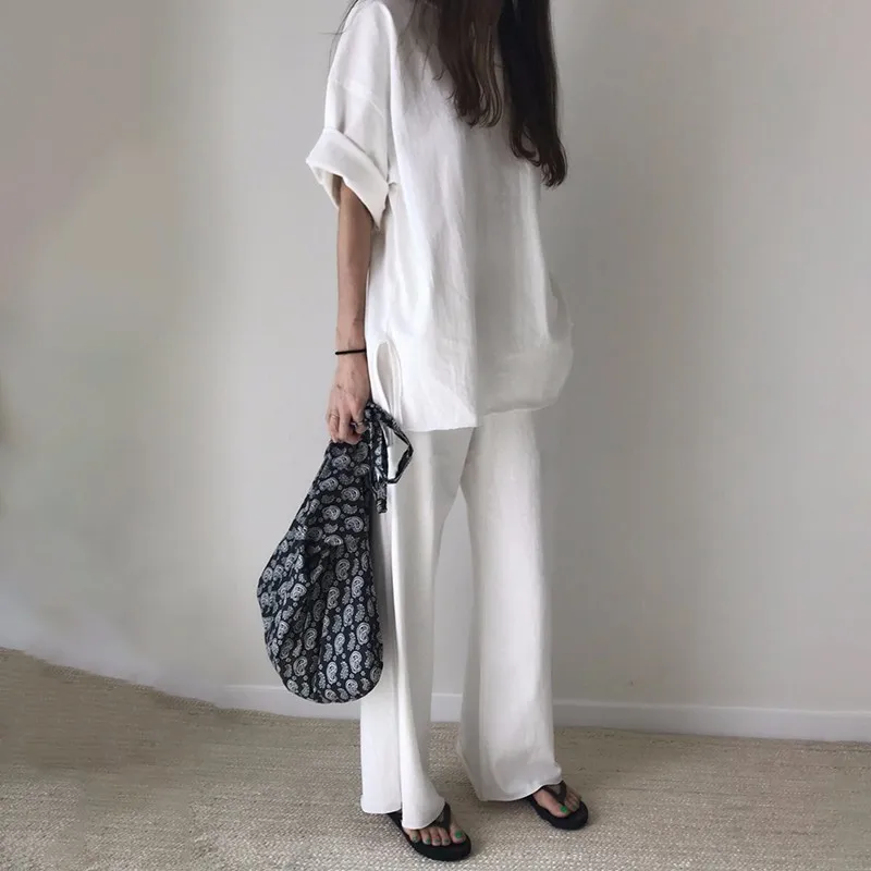 women solid color cotton short sleeves t shirt flared trousers pants woman casual suit two piece set Suit Sport yoga tracksuit | Женская