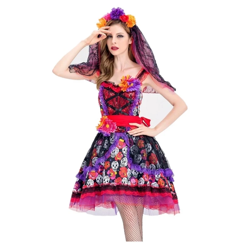 Женский костюм на Хэллоуин мексиканского дня мертвецов ужасов зомби черепа