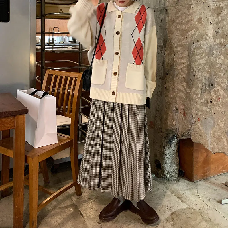 

SML 2 colors japanese style High Waist long skirt Women 2019 vintage plaid a line pleated Skirts womens (X1184)