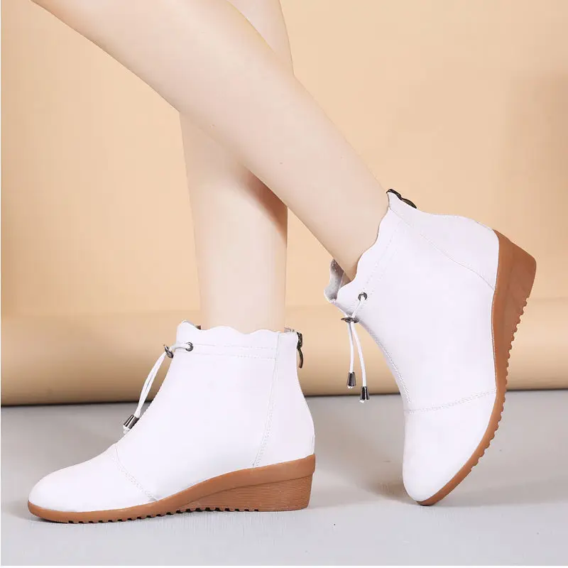 

Plus Size 42 Drawstring White Wedge Boots Women's Waterproof Red Wedding Shoes Leather Ankle Boots Female Booties Bota Femenina