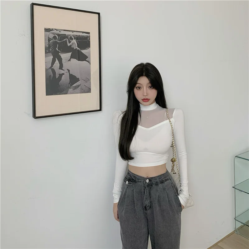 

Spring and Autumn Half High Neck Long Sleeve Top Feminine European and American Short T-shirt Mesh Stitching Slim Top