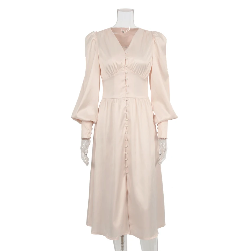 

New Champagne Elegant Bodycon Dress Women's Pleated Women's V-neck Party Pleated Dress Fluffy Sleeve Stretch Satin Dress