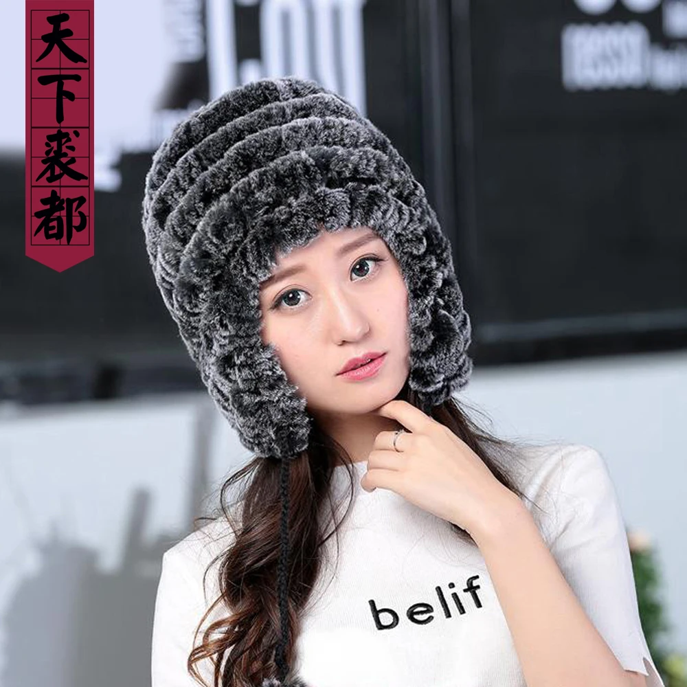 Lady Real Fur Earflap Hats Women Natural Rex Rabbit Fur Beanies Cap Russian Winter Warm Genuine Fur Hat Wholesale