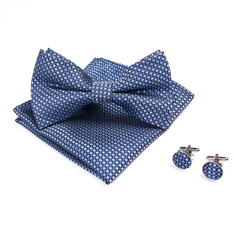 100% Silk Blue Bowtie Woven Dot Checked Stripe Men Bow Tie Set Butterfly Office Wedding Dress Mens Gift Formal luxury Accessory |