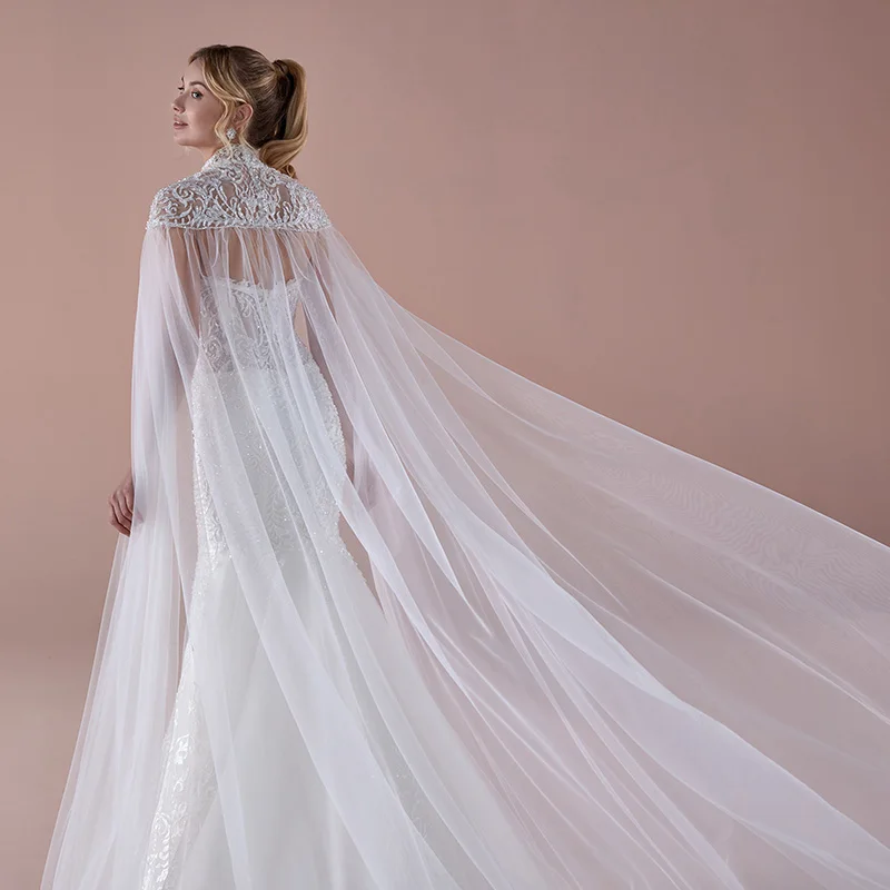 

Appliques Chapel Train Lace Mermaid Cape Wedding Dresses 2020 Sexy Long Sleeve Vintage Bride Gown Vestido de Noiva HA177