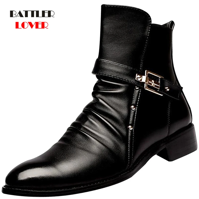 

Men Casual Business Wedding Formal Boots for Male Cow Leather Platform Brogue Biker Botas Gentlemen Carving Bullock Ankle Boot