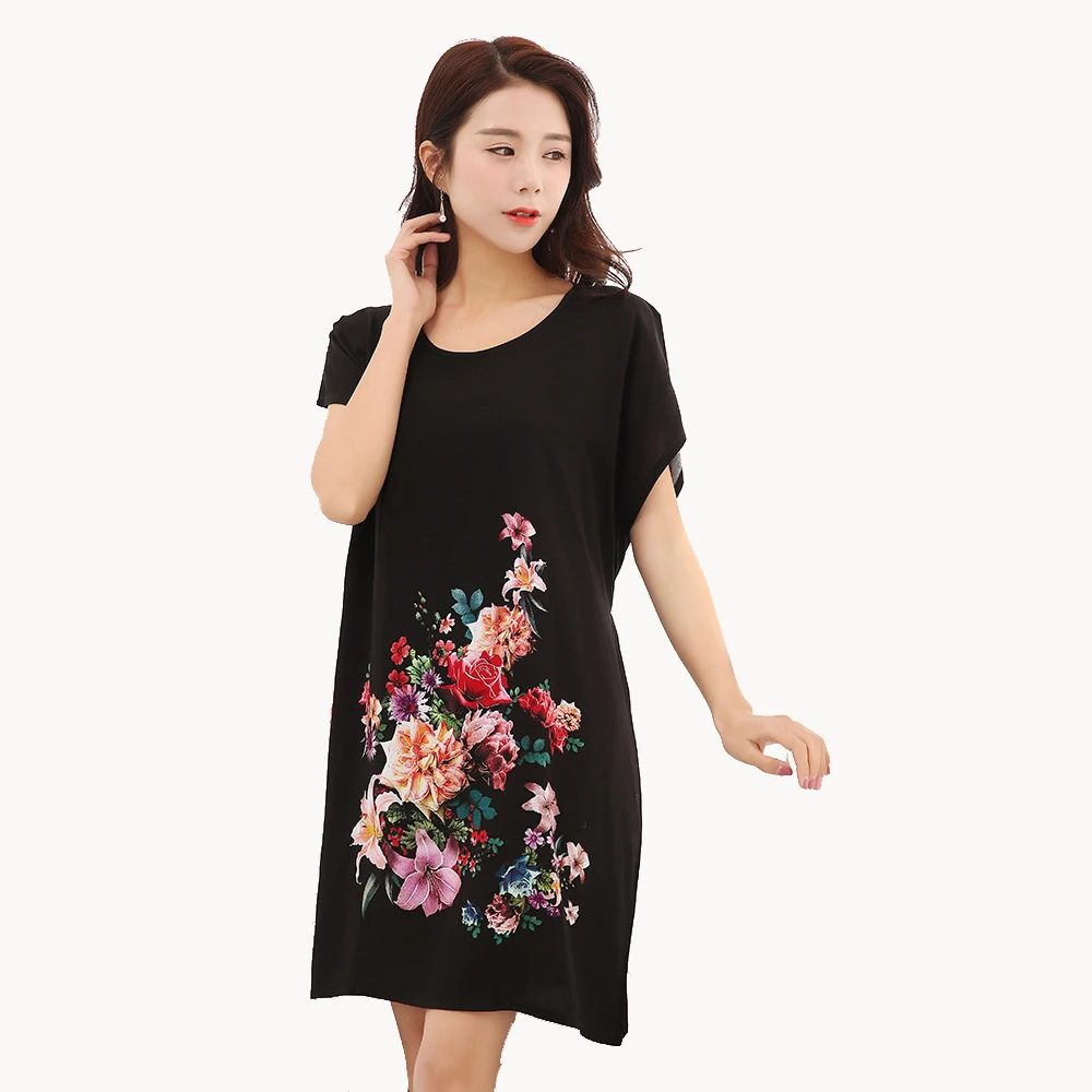 Большой размер женский черный хлопковый Халат для сна ночная рубашка с принтом