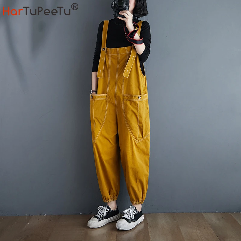 2021 Autumn Women Jumpsuit Loose High Waist Cotton Overalls Korean Style Distinct Seams Ankle-Length More Pockets Cargo Pants