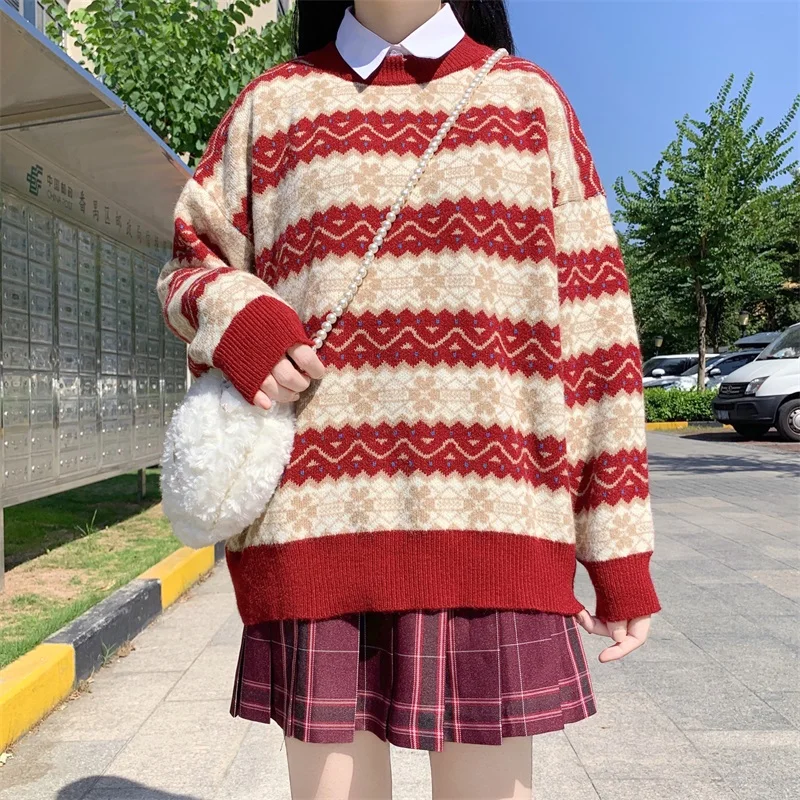 

Japanese Harajuku Mori Girl Stripe Splicing Women Sweater Autumn Vintage Kawaii Pullover Long Sleeve Loose Woman Sweaters Female