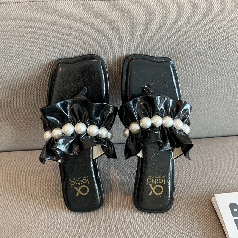 

Beach holiday sandals and slippers women's summer new style outer wear flat soft girl pearl clip foot drag ins tide