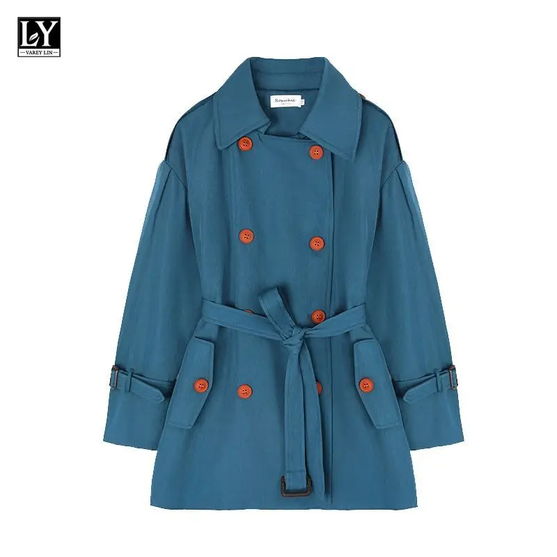 

LY VAREY LIN New Spring Autumn Lady High Street Solid Coat Jacket with Belt Women Fashion Long Sleeve Double Breasted Trench